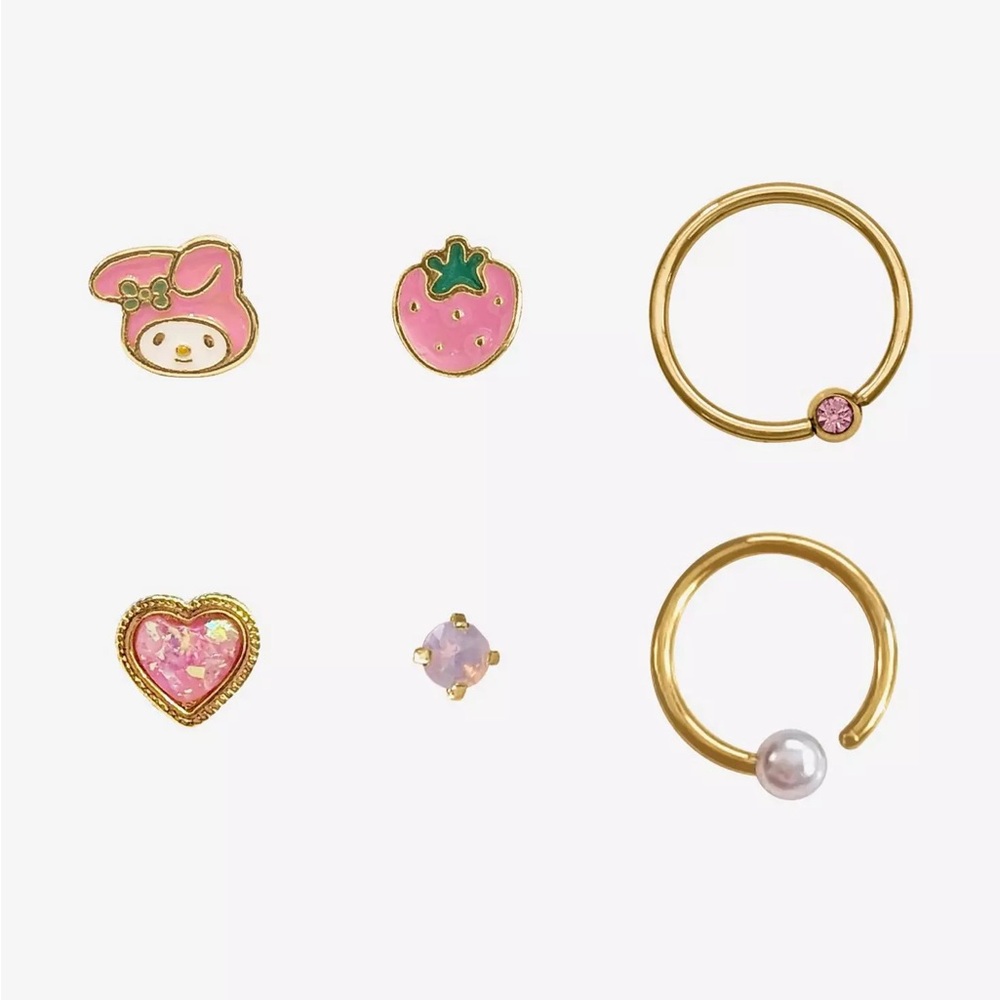 Steel Gold My Melody Strawberry Nose Stud & Captive Hoop 6 Pack‎ Hot Topic